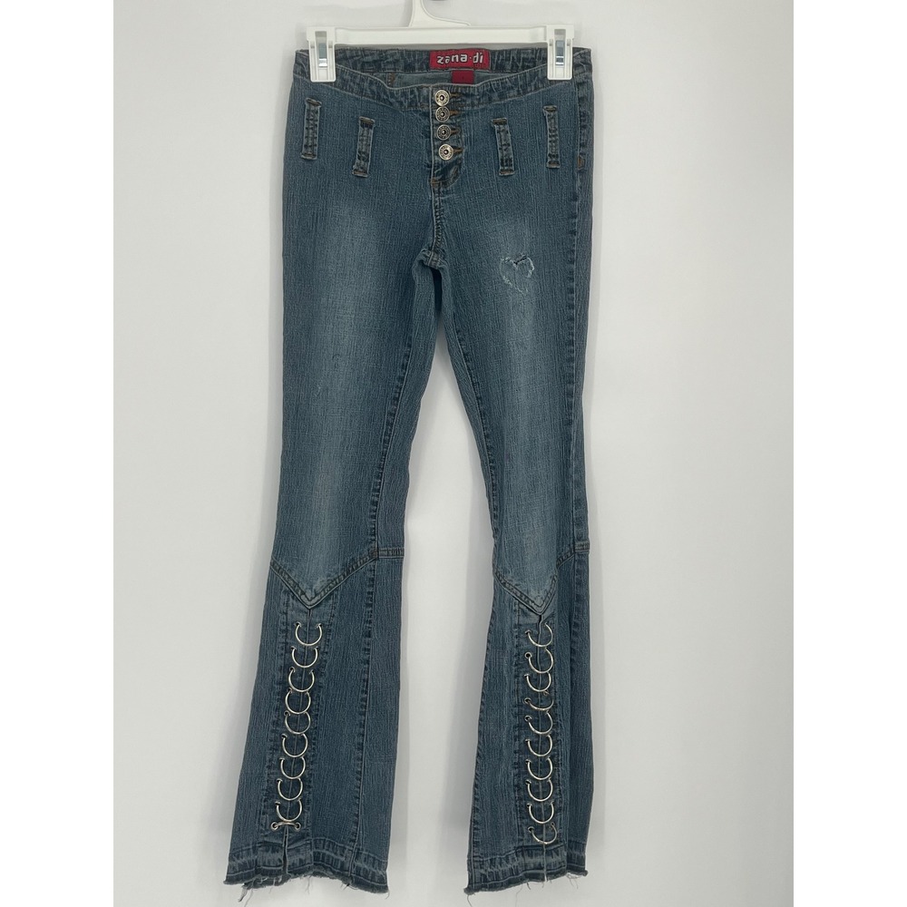 VTG Zana-Di Y2K Flare Jeans Blue Custom Painted Ring Hardware Women 3 Grunge